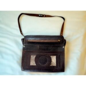 Brown Leather Crossbody Bag With Aztec Design